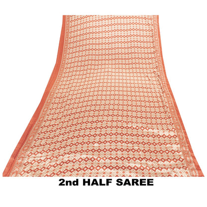 Sanskriti Vintage Sarees Ivory & Peach Moss Crepe Geometric Ikat Print 6YD Sari