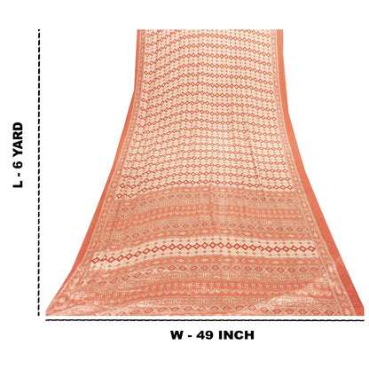 Sanskriti Vintage Sarees Ivory & Peach Moss Crepe Geometric Ikat Print 6YD Sari