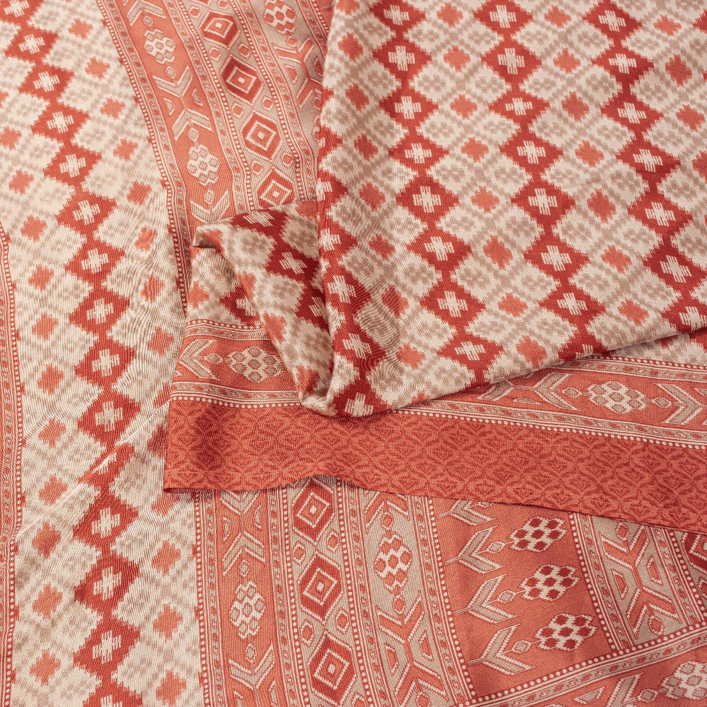 Sanskriti Vintage Sarees Ivory & Peach Moss Crepe Geometric Ikat Print 6YD Sari