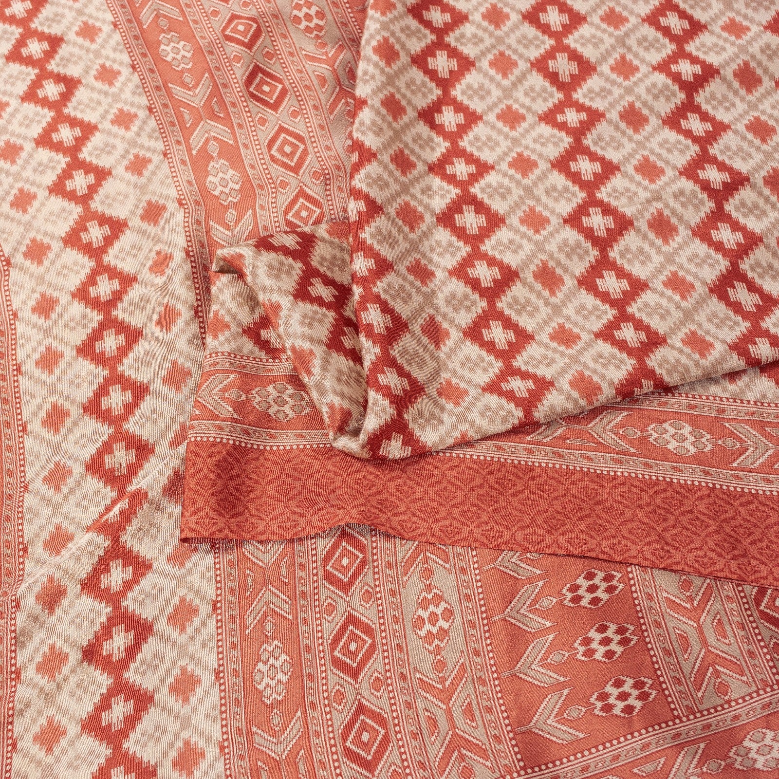 Sanskriti Vintage Sarees Ivory & Peach Moss Crepe Geometric Ikat Print 6YD Sari