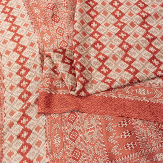 Sanskriti Vintage Sarees Ivory & Peach Moss Crepe Geometric Ikat Print 6YD Sari