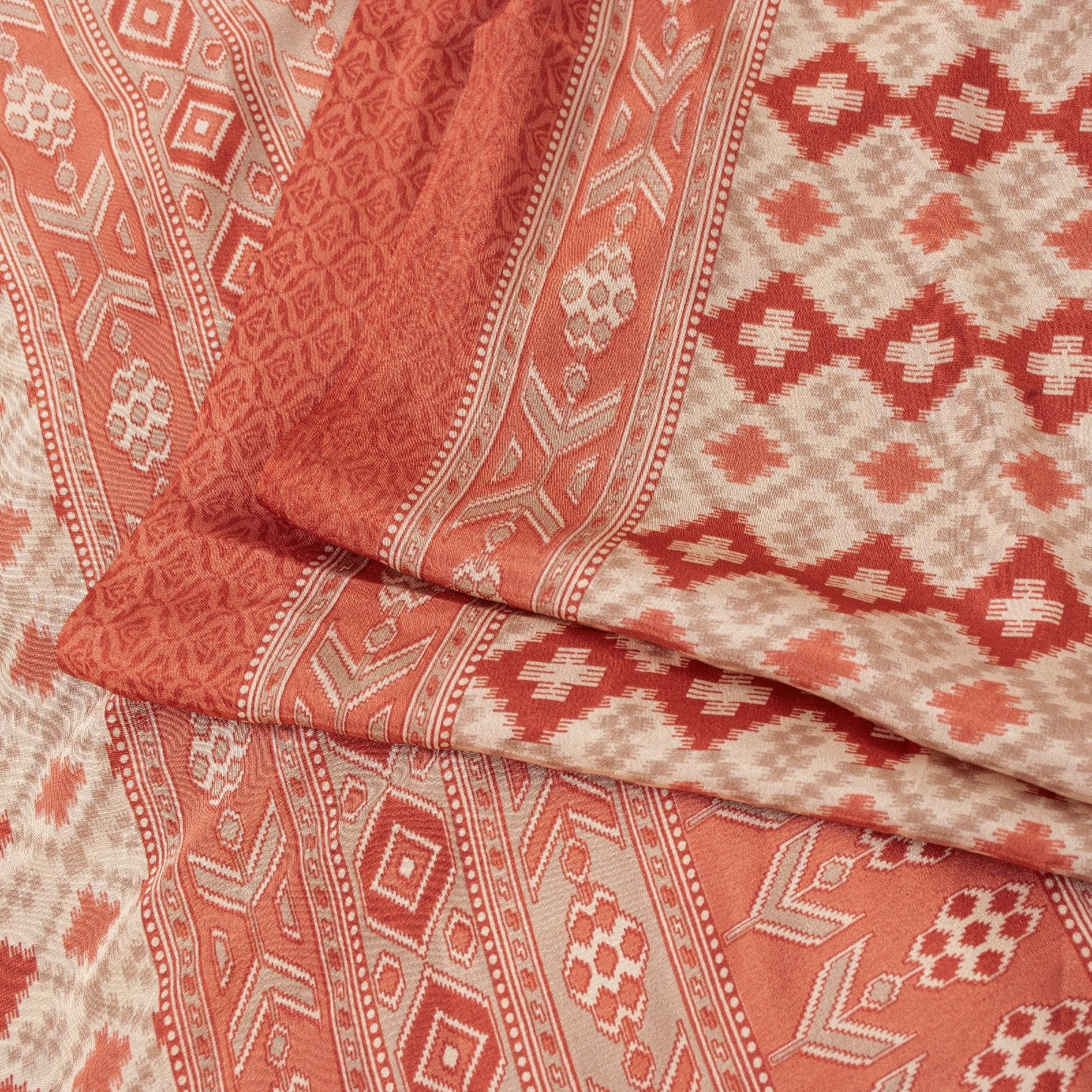 Sanskriti Vintage Sarees Ivory & Peach Moss Crepe Geometric Ikat Print 6YD Sari