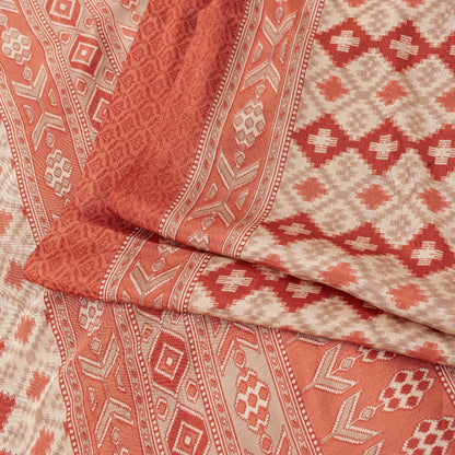 Sanskriti Vintage Sarees Ivory & Peach Moss Crepe Geometric Ikat Print 6YD Sari
