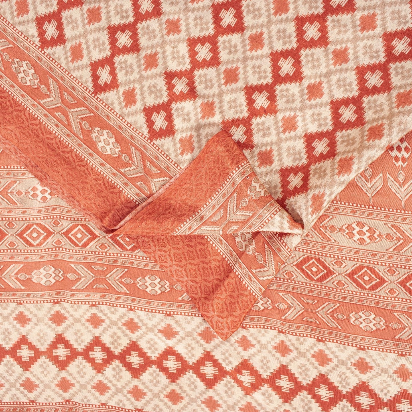 Sanskriti Vintage Sarees Ivory & Peach Moss Crepe Geometric Ikat Print 6YD Sari
