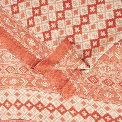 Sanskriti Vintage Sarees Ivory & Peach Moss Crepe Geometric Ikat Print 6YD Sari