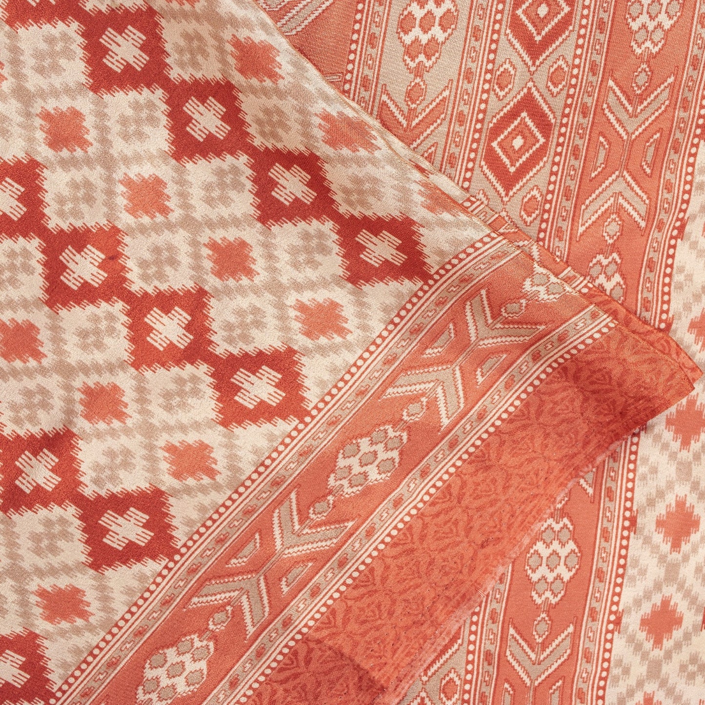 Sanskriti Vintage Sarees Ivory & Peach Moss Crepe Geometric Ikat Print 6YD Sari