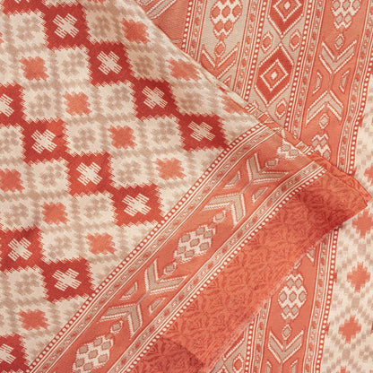Sanskriti Vintage Sarees Ivory & Peach Moss Crepe Geometric Ikat Print 6YD Sari
