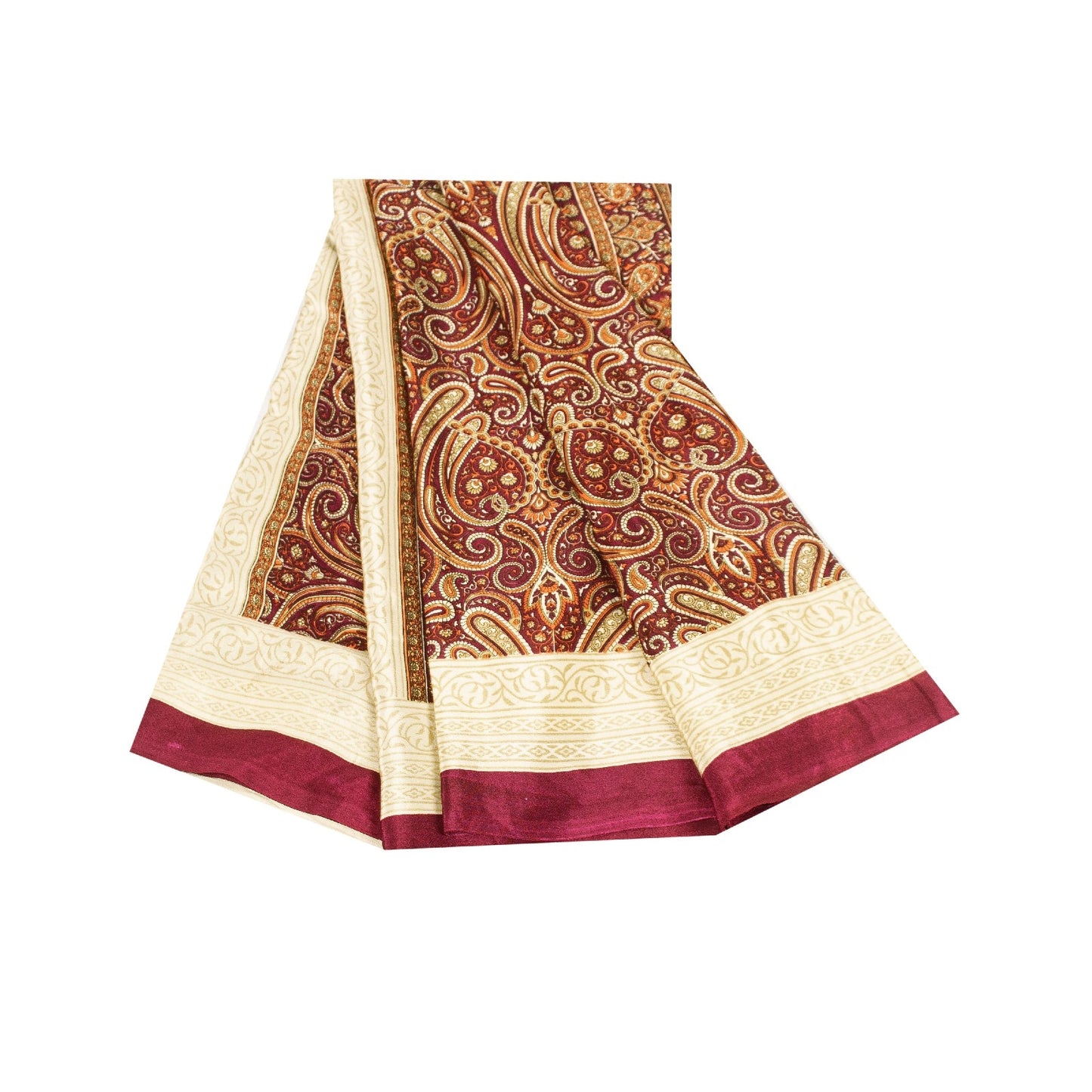 Sanskriti Vintage Saree Red Moss Crepe Saree Paisley Printed Sari 6.5+Yd Sustainable Fabric Create-Dresses, Kaftans, Skirts, Top, Project