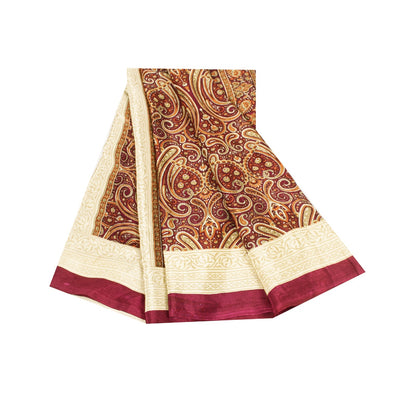 Sanskriti Vintage Saree Red Moss Crepe Saree Paisley Printed Sari 6.5+Yd Sustainable Fabric Create-Dresses, Kaftans, Skirts, Top, Project