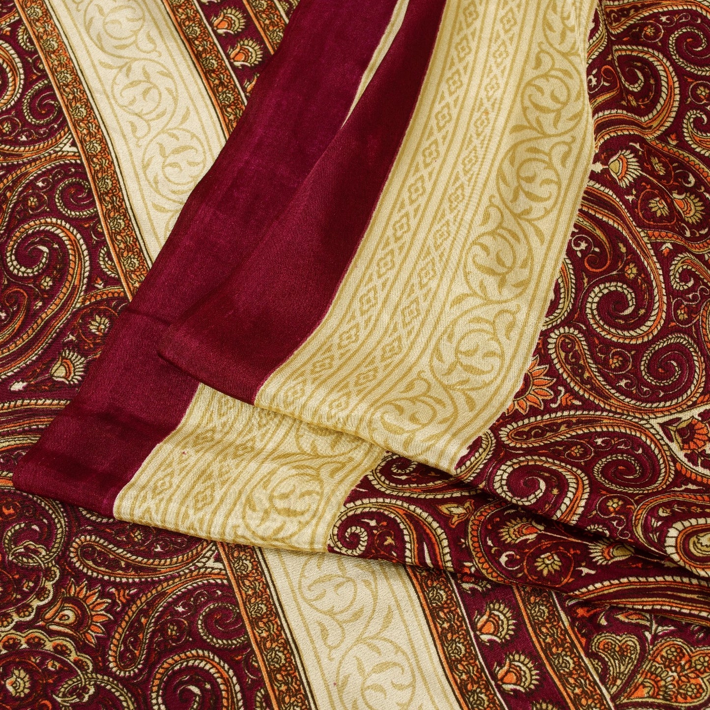 Sanskriti Vintage Saree Red Moss Crepe Saree Paisley Printed Sari 6.5+Yd Sustainable Fabric Create-Dresses, Kaftans, Skirts, Top, Project