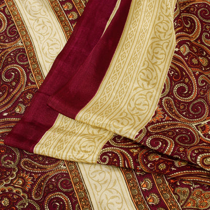 Sanskriti Vintage Saree Red Moss Crepe Saree Paisley Printed Sari 6.5+Yd Sustainable Fabric Create-Dresses, Kaftans, Skirts, Top, Project