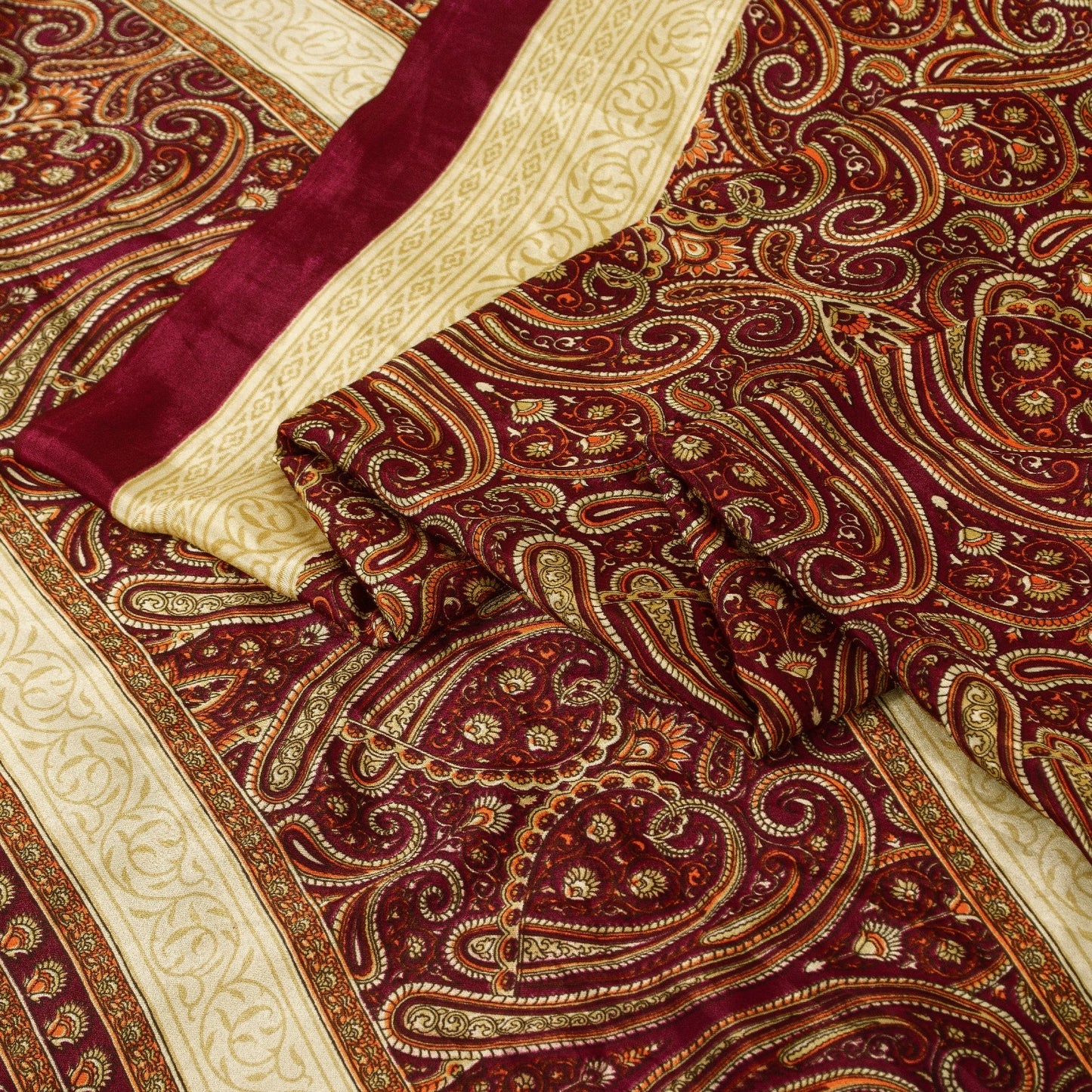 Sanskriti Vintage Saree Red Moss Crepe Saree Paisley Printed Sari 6.5+Yd Sustainable Fabric Create-Dresses, Kaftans, Skirts, Top, Project