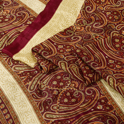 Sanskriti Vintage Saree Red Moss Crepe Saree Paisley Printed Sari 6.5+Yd Sustainable Fabric Create-Dresses, Kaftans, Skirts, Top, Project