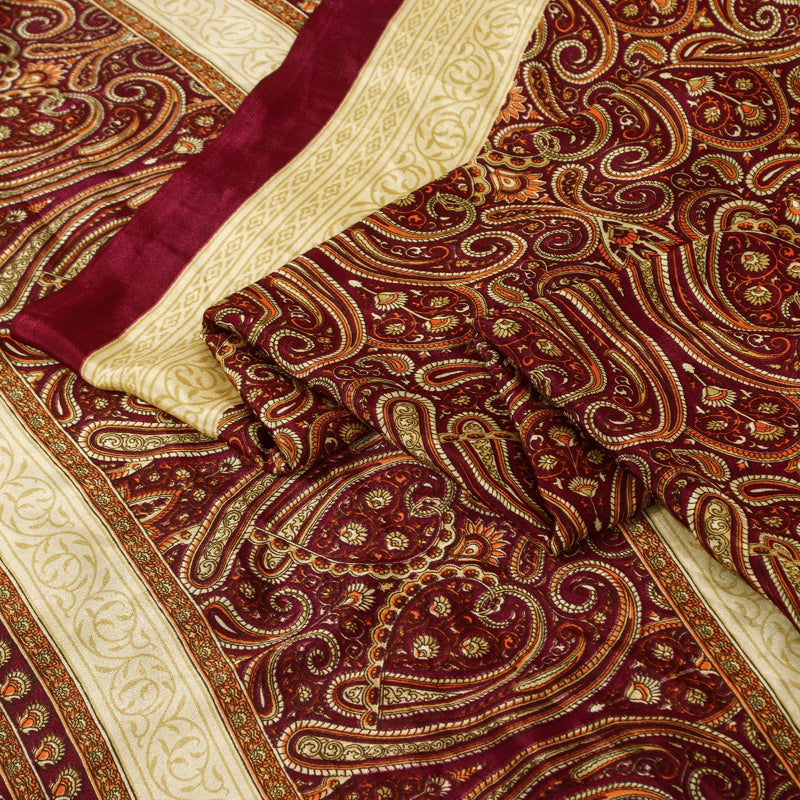 Sanskriti Vintage Saree Red Moss Crepe Saree Paisley Printed Sari 6.5+Yd Sustainable Fabric Create-Dresses, Kaftans, Skirts, Top, Project