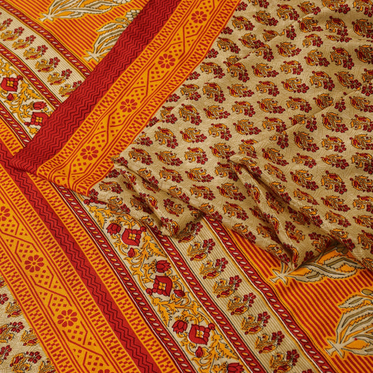 Sanskriti Vintage Sarees Cream Moss Crepe Floral Printed 5+YD Home Decor Sari