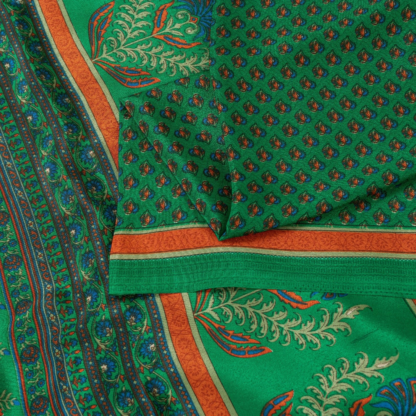 Sanskriti Vintage Sarees Green Moss Crepe Floral Print 6+YD Textile Fabric Sari