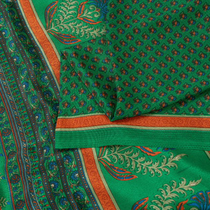 Sanskriti Vintage Sarees Green Moss Crepe Floral Print 6+YD Textile Fabric Sari