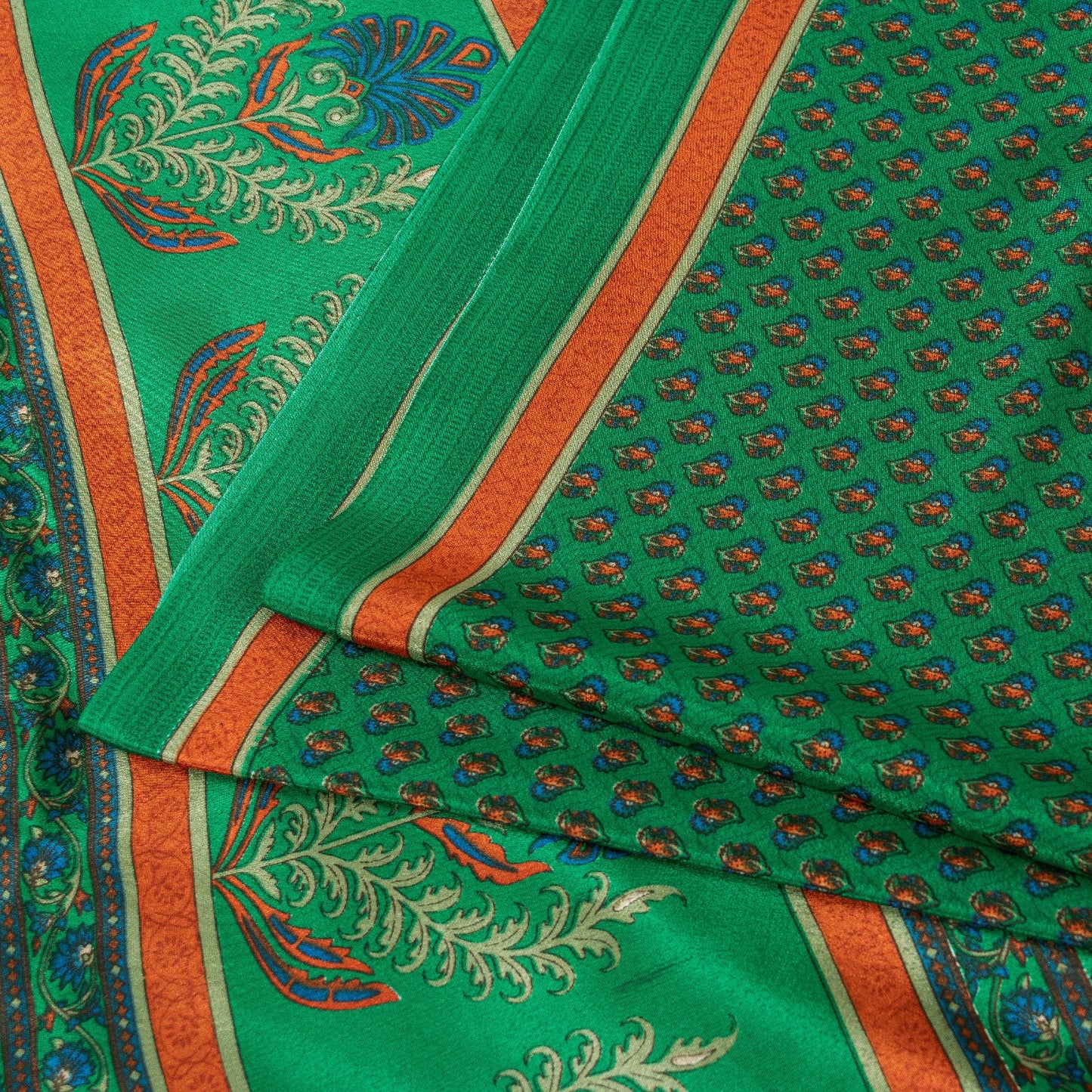 Sanskriti Vintage Sarees Green Moss Crepe Floral Print 6+YD Textile Fabric Sari
