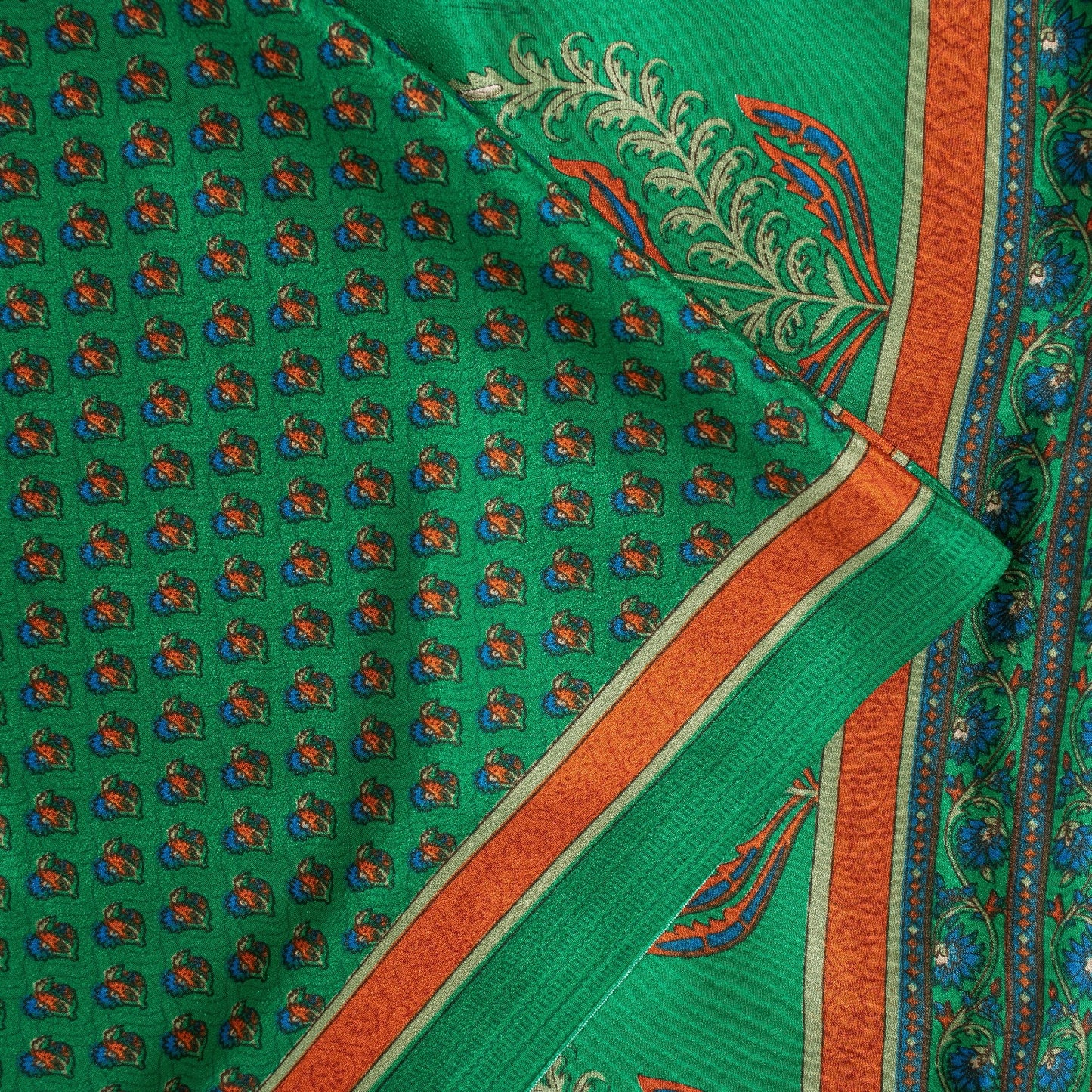 Sanskriti Vintage Sarees Green Moss Crepe Floral Print 6+YD Textile Fabric Sari