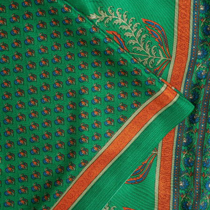 Sanskriti Vintage Sarees Green Moss Crepe Floral Print 6+YD Textile Fabric Sari