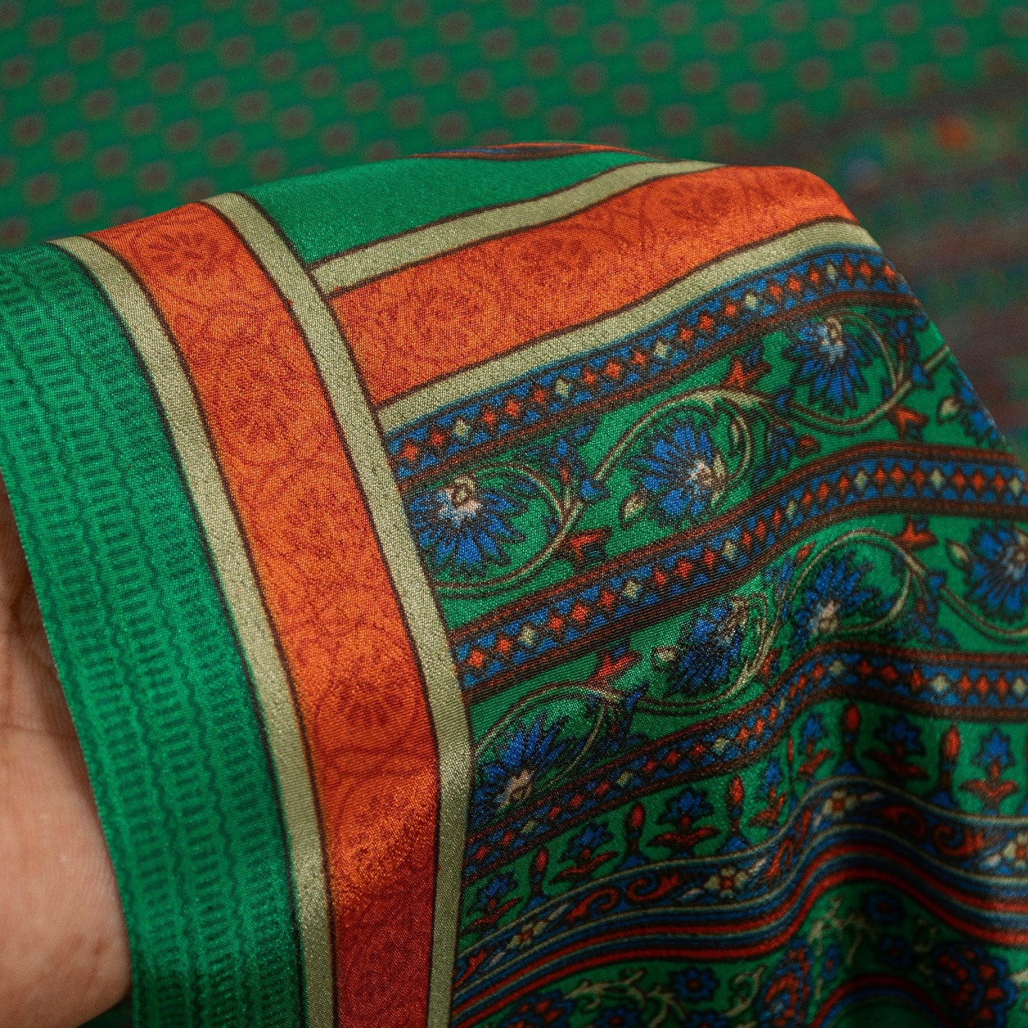 Sanskriti Vintage Sarees Green Moss Crepe Floral Print 6+YD Textile Fabric Sari