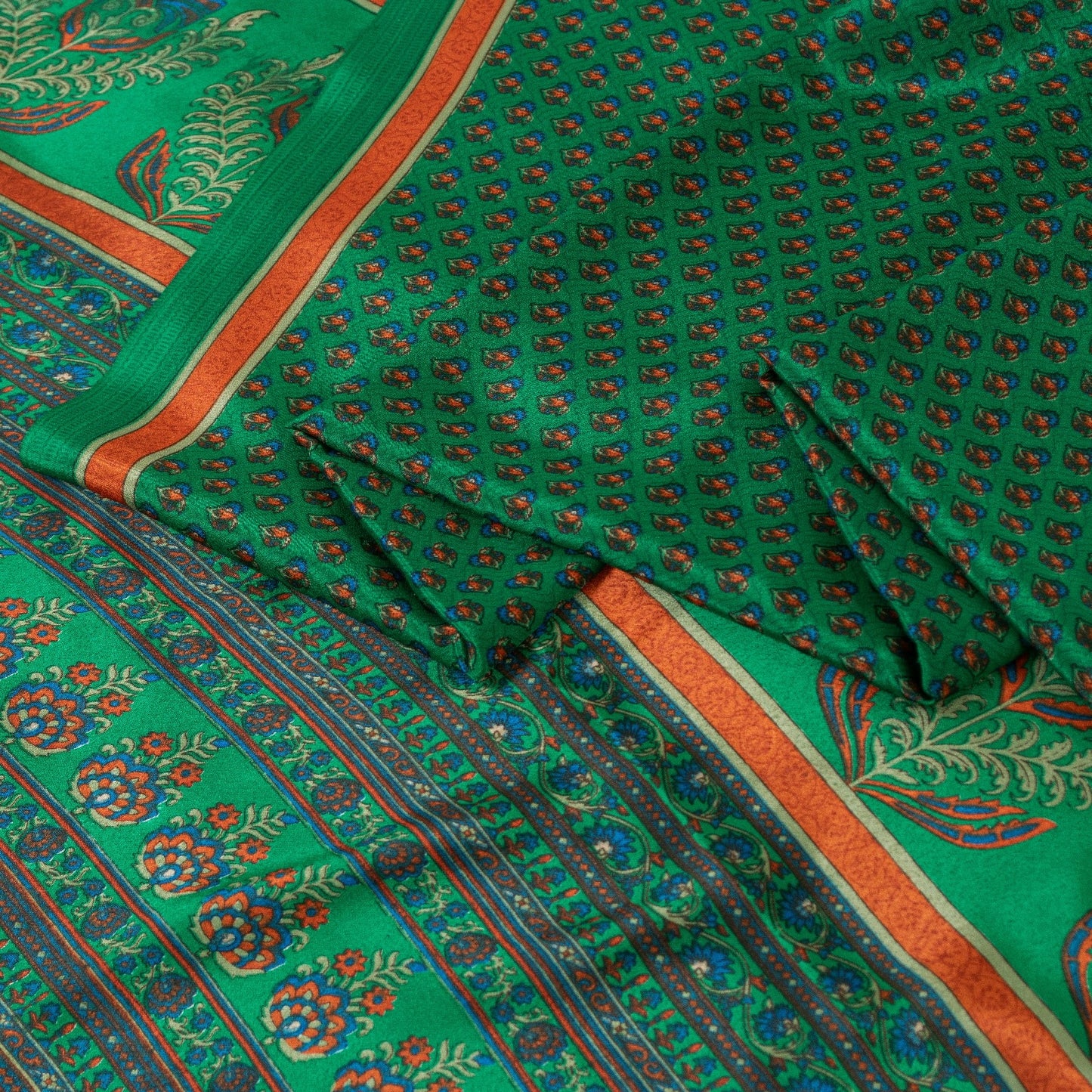 Sanskriti Vintage Sarees Green Moss Crepe Floral Print 6+YD Textile Fabric Sari