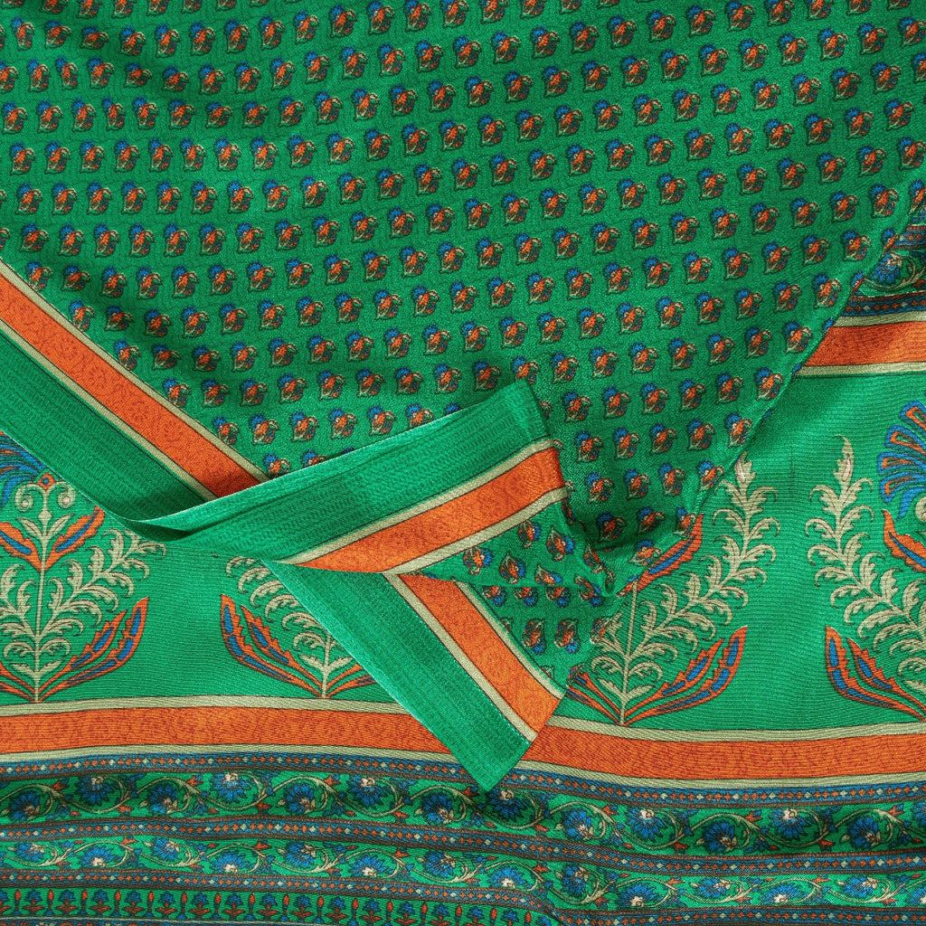 Sanskriti Vintage Sarees Green Moss Crepe Floral Print 6+YD Textile Fabric Sari