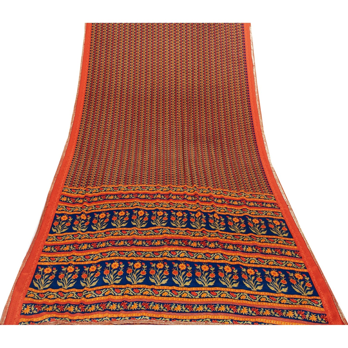Sanskriti Vintage Sarees Orange Moss Crepe Floral Printed Sari 5+yd Craft Fabric