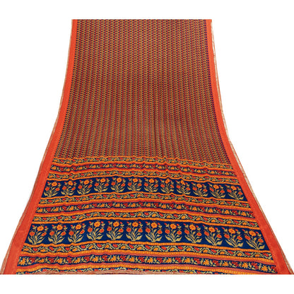 Sanskriti Vintage Sarees Orange Moss Crepe Floral Printed Sari 5+yd Craft Fabric