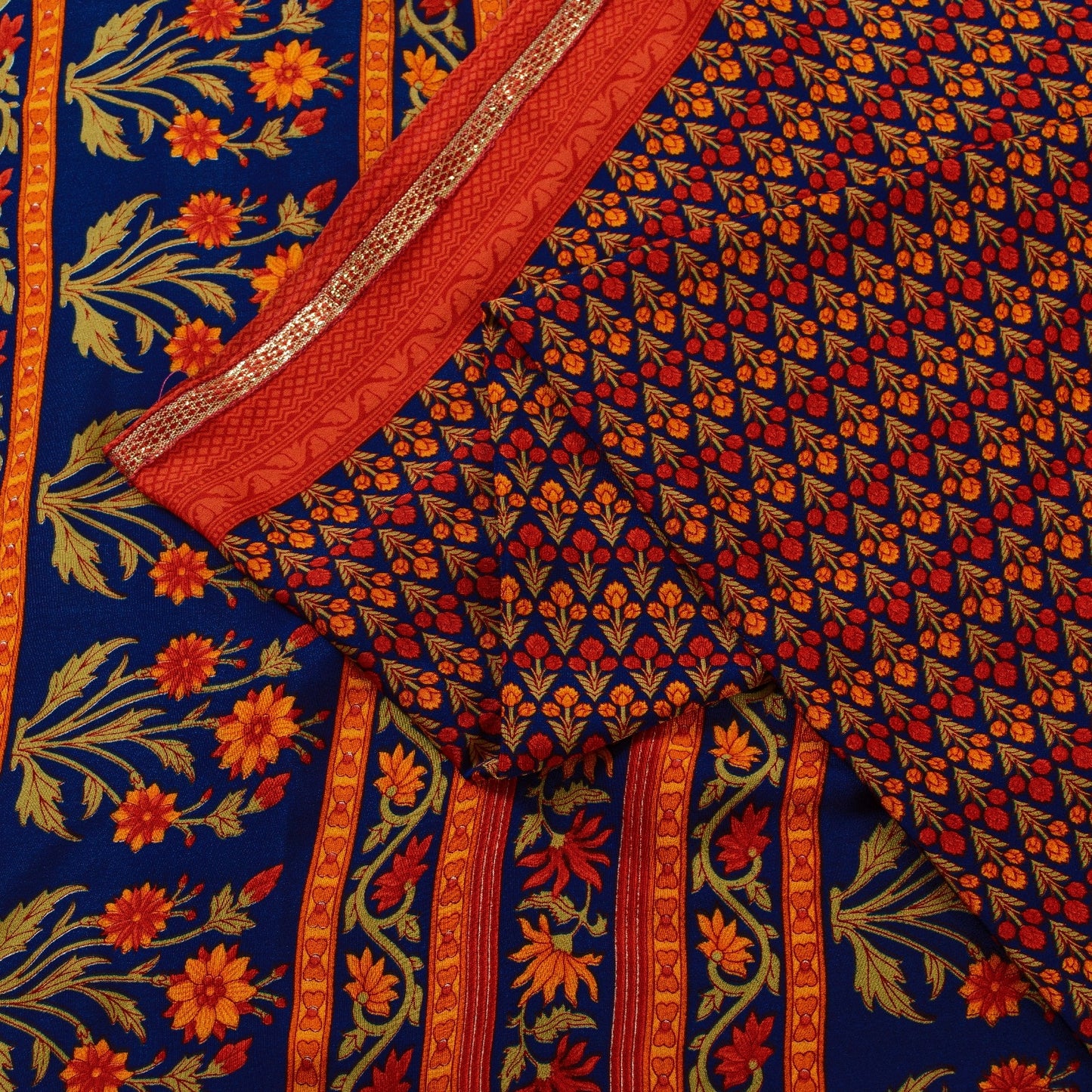 Sanskriti Vintage Sarees Orange Moss Crepe Floral Printed Sari 5+yd Craft Fabric