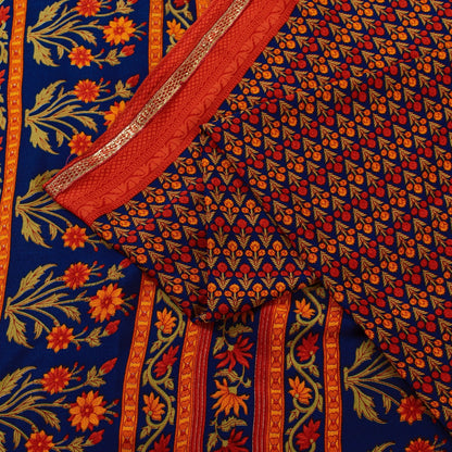 Sanskriti Vintage Sarees Orange Moss Crepe Floral Printed Sari 5+yd Craft Fabric