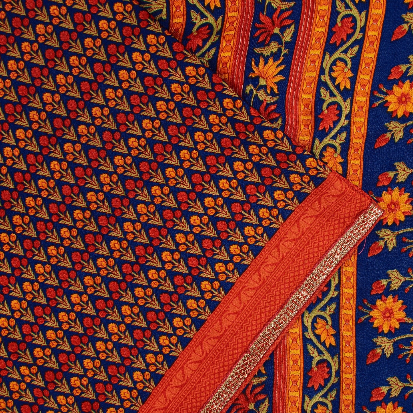 Sanskriti Vintage Sarees Orange Moss Crepe Floral Printed Sari 5+yd Craft Fabric