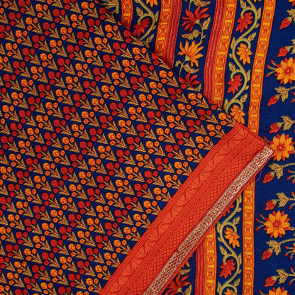 Sanskriti Vintage Sarees Orange Moss Crepe Floral Printed Sari 5+yd Craft Fabric