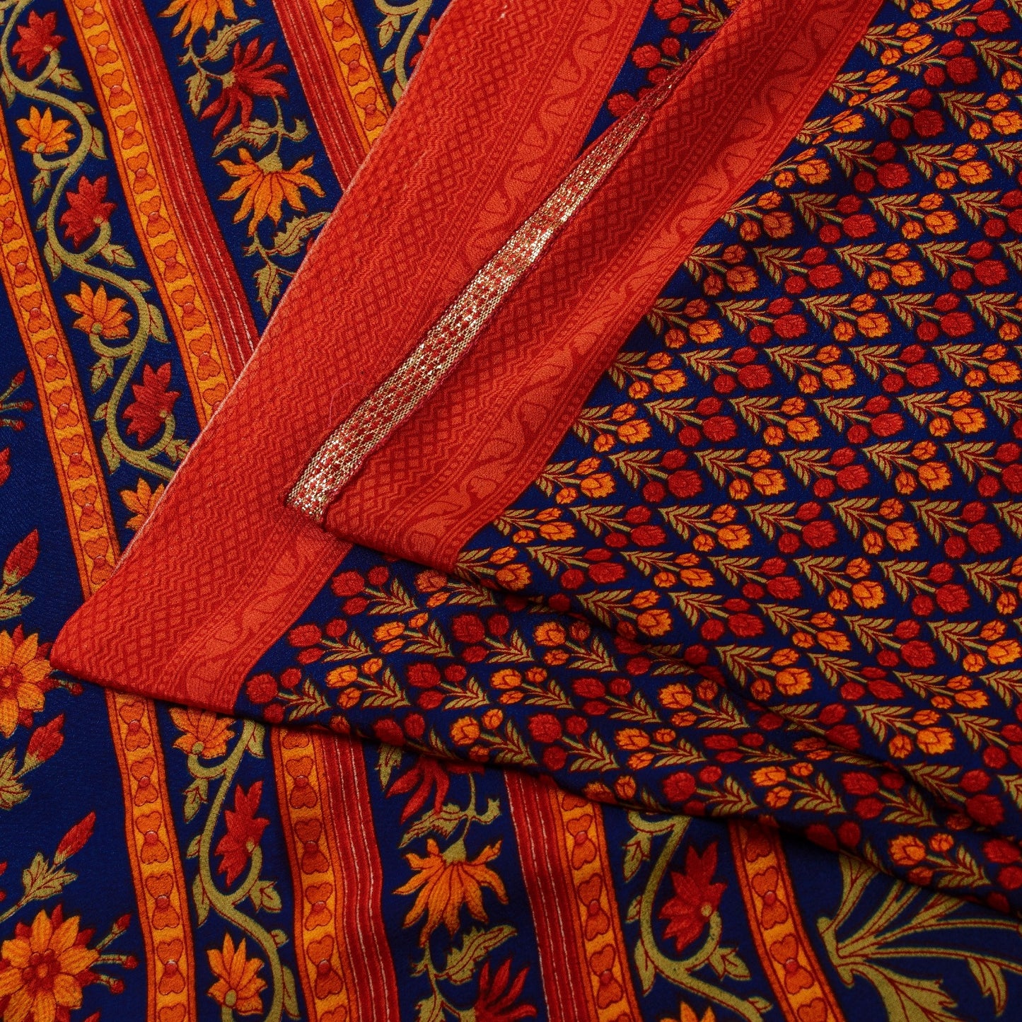 Sanskriti Vintage Sarees Orange Moss Crepe Floral Printed Sari 5+yd Craft Fabric