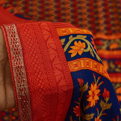 Sanskriti Vintage Sarees Orange Moss Crepe Floral Printed Sari 5+yd Craft Fabric