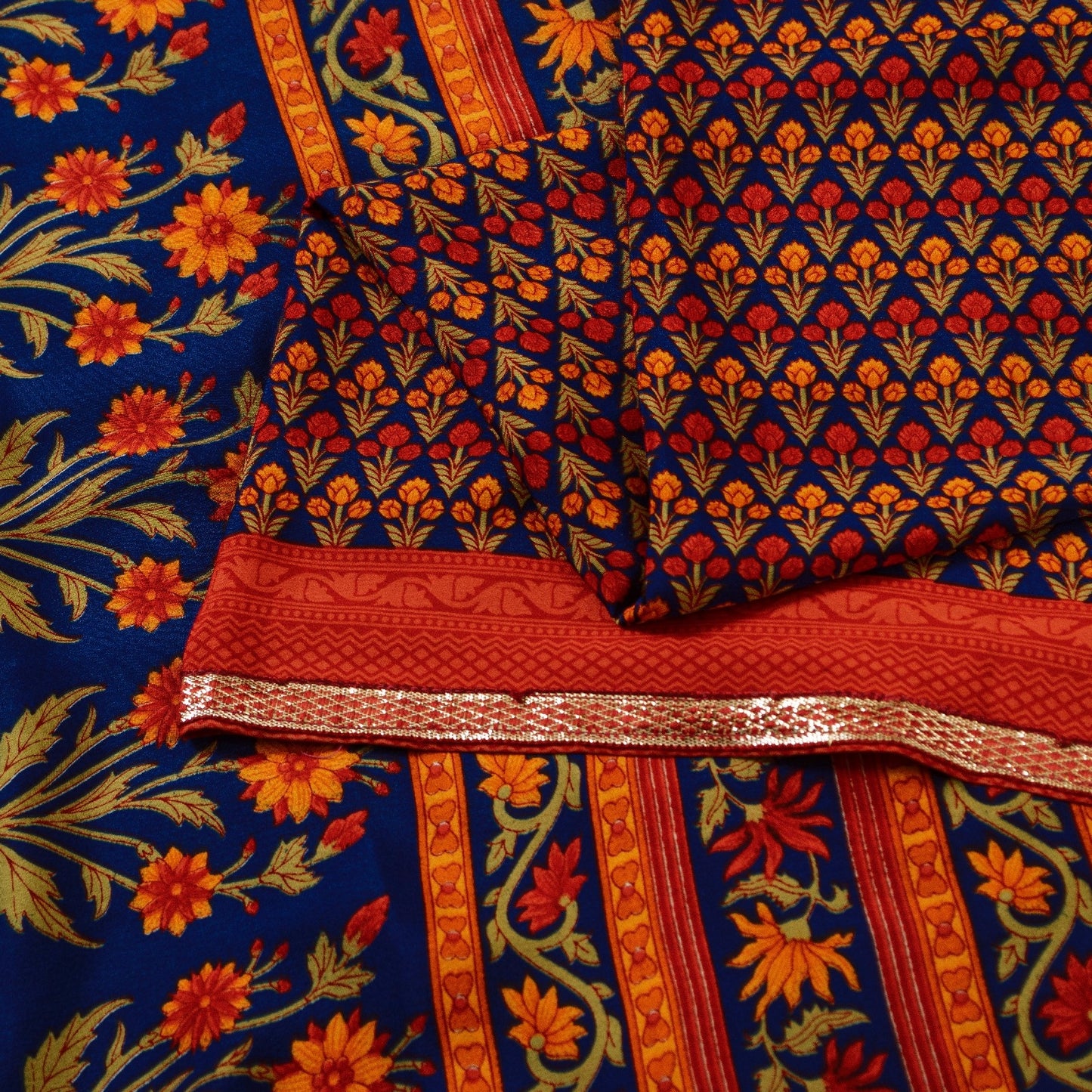 Sanskriti Vintage Sarees Orange Moss Crepe Floral Printed Sari 5+yd Craft Fabric