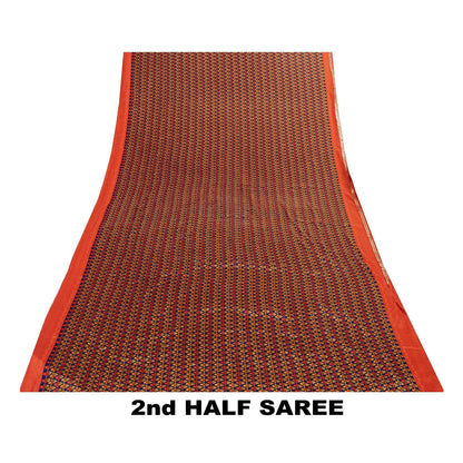 Sanskriti Vintage Sarees Orange Moss Crepe Floral Printed Sari 5+yd Craft Fabric