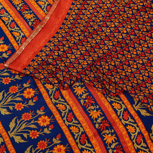Sanskriti Vintage Sarees Orange Moss Crepe Floral Printed Sari 5+yd Craft Fabric
