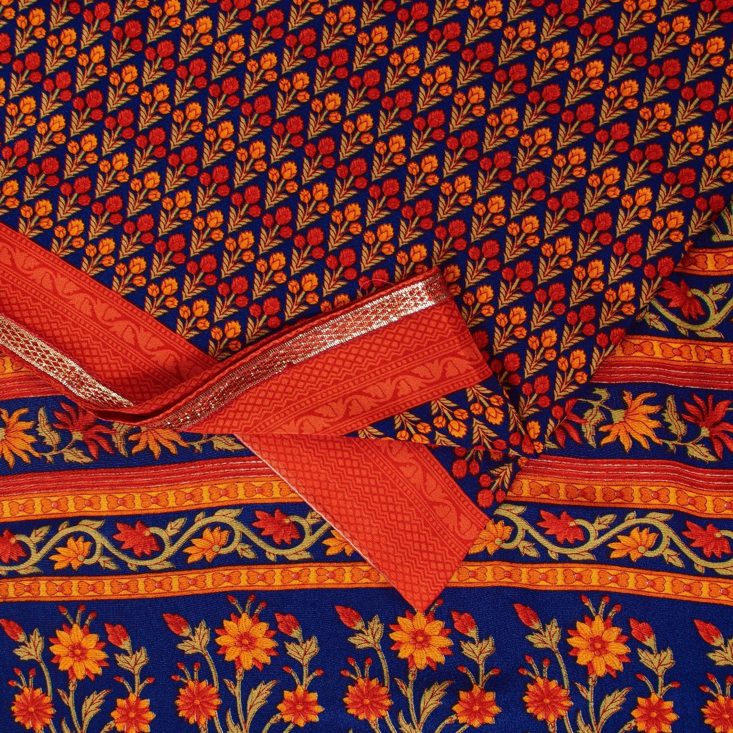 Sanskriti Vintage Sarees Orange Moss Crepe Floral Printed Sari 5+yd Craft Fabric