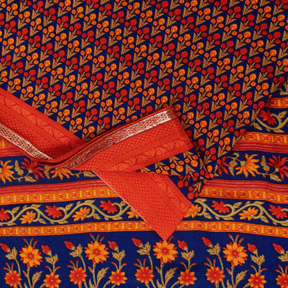 Sanskriti Vintage Sarees Orange Moss Crepe Floral Printed Sari 5+yd Craft Fabric