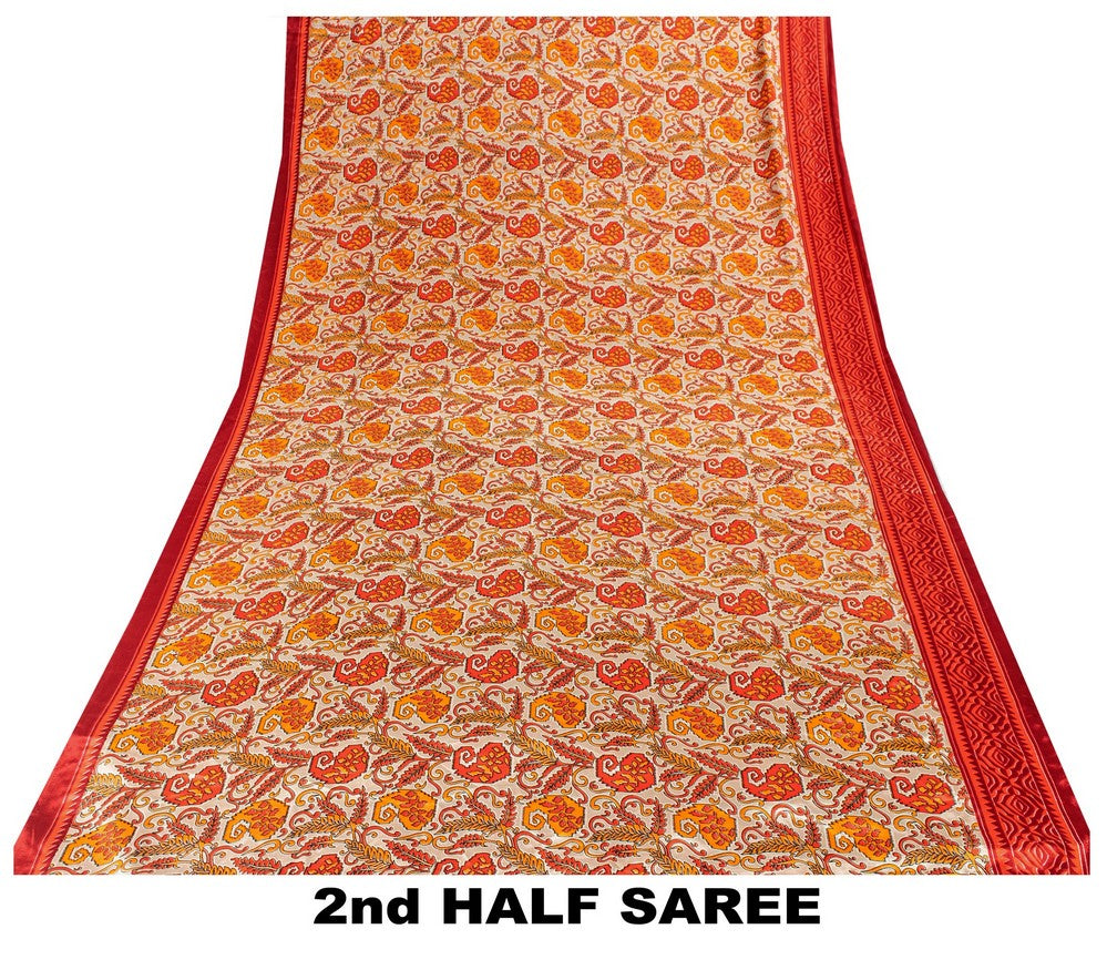 Sanskriti Vintage Sarees Craft Supplies Ivory Paisley Print 5+YD Moss Crepe Sari