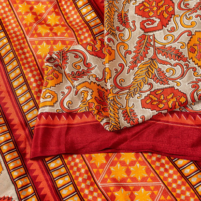 Sanskriti Vintage Sarees Craft Supplies Ivory Paisley Print 5+YD Moss Crepe Sari