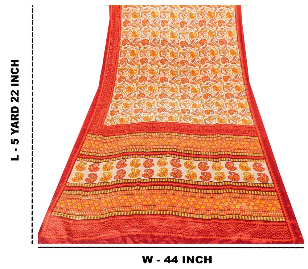 Sanskriti Vintage Sarees Craft Supplies Ivory Paisley Print 5+YD Moss Crepe Sari