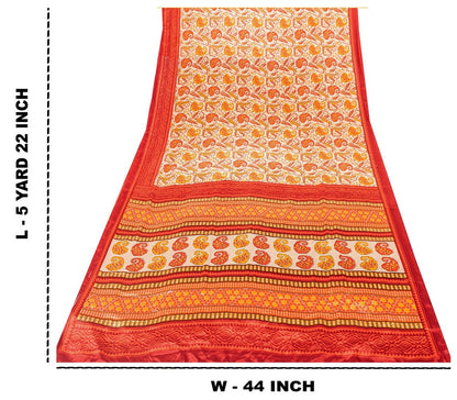 Sanskriti Vintage Sarees Craft Supplies Ivory Paisley Print 5+YD Moss Crepe Sari