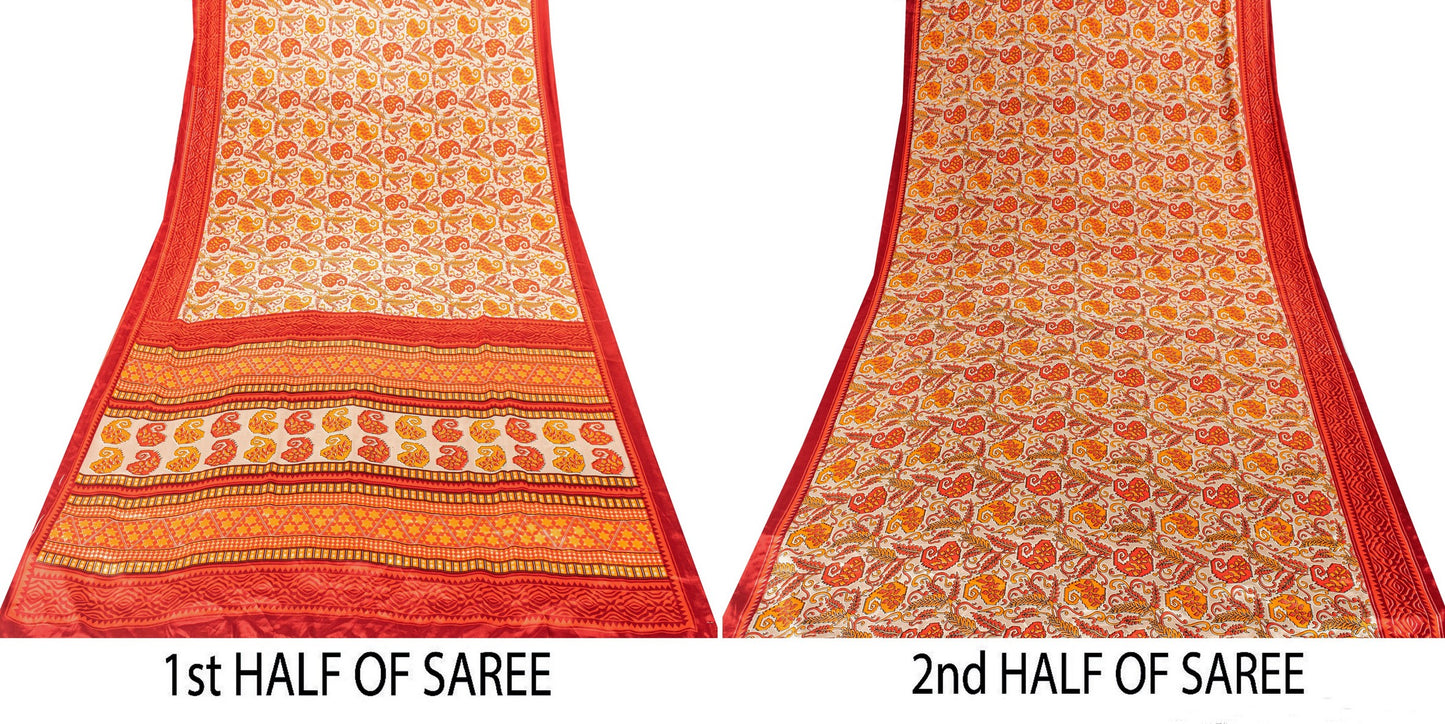 Sanskriti Vintage Sarees Craft Supplies Ivory Paisley Print 5+YD Moss Crepe Sari