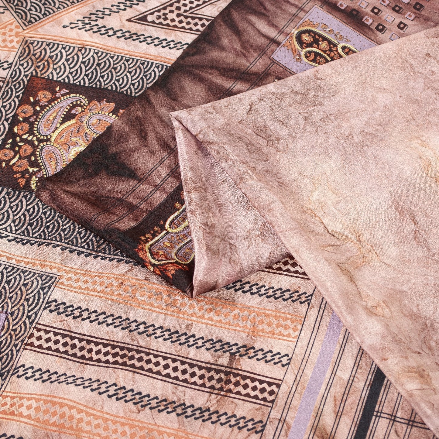 Sanskriti Vintage Sarees Ivory & Brown Moss Crepe Paisley Print 5+YD Indian Sari