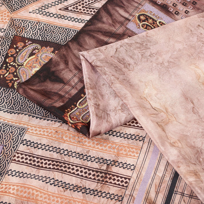 Sanskriti Vintage Sarees Ivory & Brown Moss Crepe Paisley Print 5+YD Indian Sari