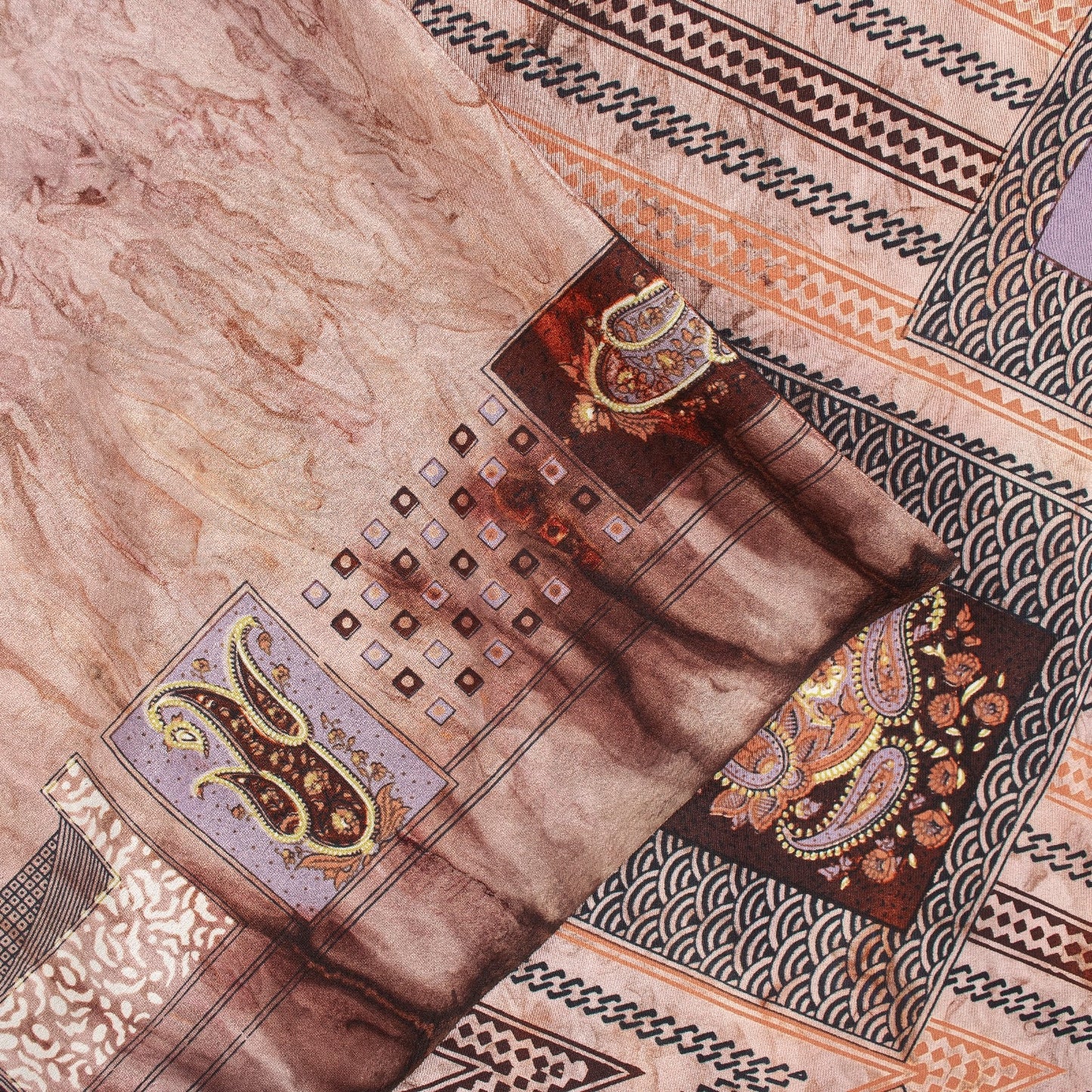 Sanskriti Vintage Sarees Ivory & Brown Moss Crepe Paisley Print 5+YD Indian Sari