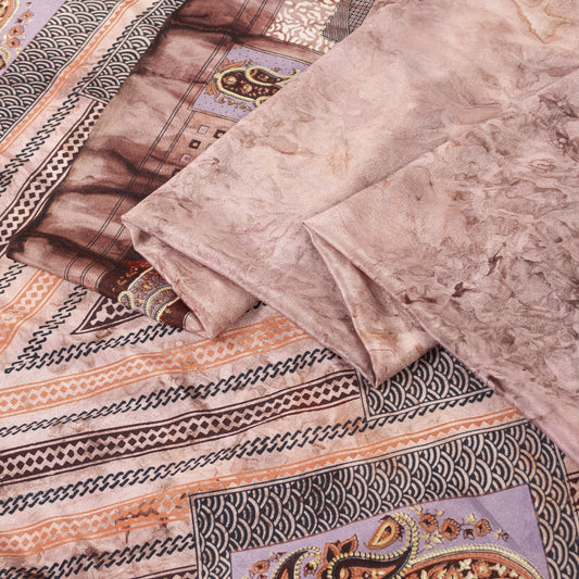Sanskriti Vintage Sarees Ivory & Brown Moss Crepe Paisley Print 5+YD Indian Sari