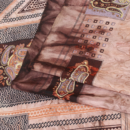Sanskriti Vintage Sarees Ivory & Brown Moss Crepe Paisley Print 5+YD Indian Sari